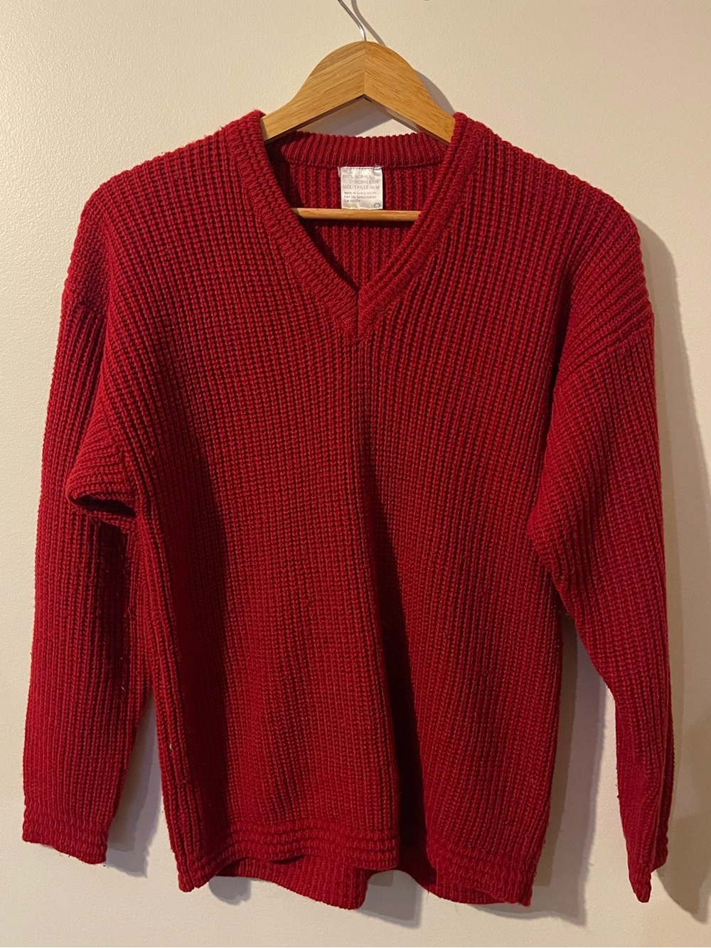 Unbranded V-Neck Knit Sweater Long Sleeve Ribbed Chunky Bright Red Size M